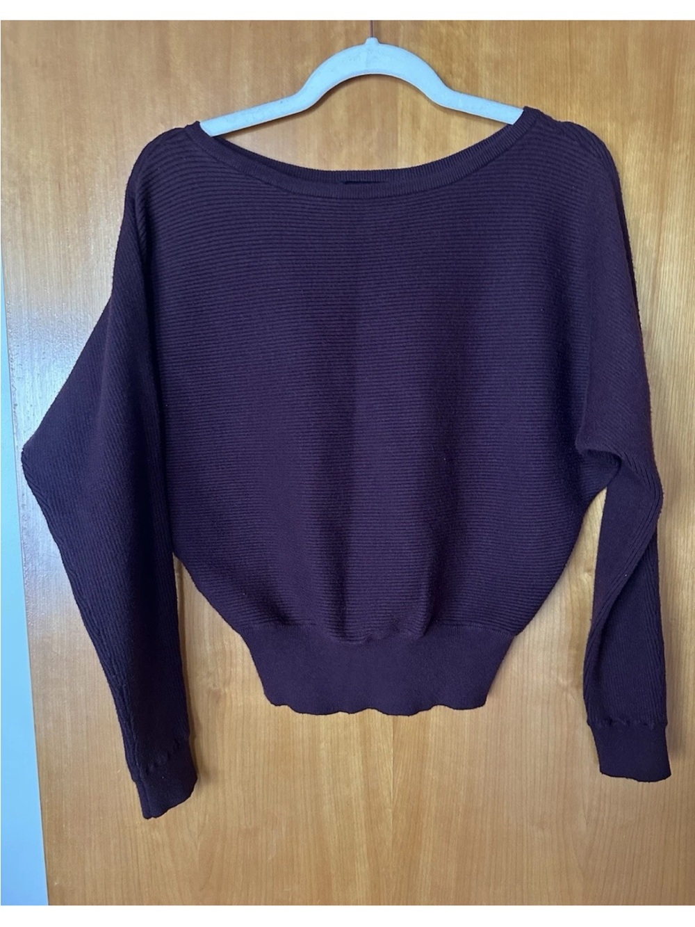 Express Ribbed Knit Dolman Boat Neck Lightweight Pullover Sweater Aubergine XS